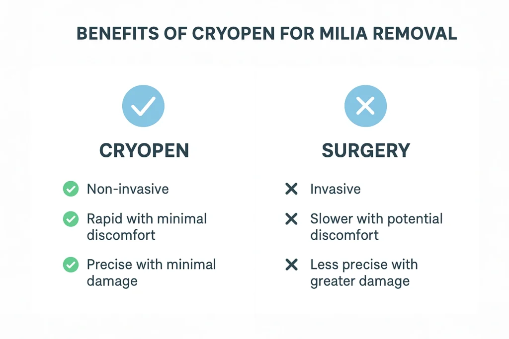 Benefits of cryopen for milia removal Upton compared to surgical treatments.