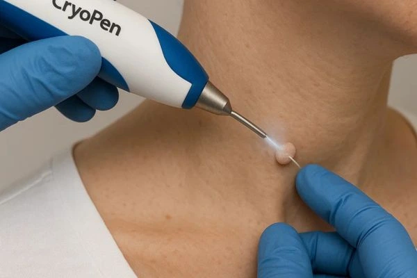 Person receiving cryotherapy Upton for skin tag removal