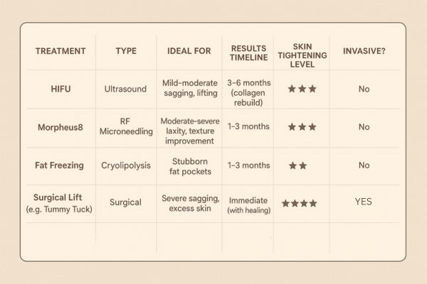 Table showing the comparisons of Skin tightening Upton treatment options.